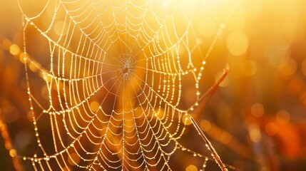  A tight shot of a spider web adorned with dewdrops, sun casting light behind
