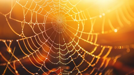 A tight shot of a spider web adorned with dewdrops, sun illuminating behind