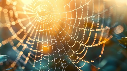  A tight shot of a spider web against a softly blurred backdrop, with the sun casting light through its intricate structure