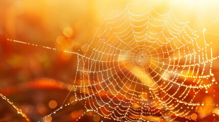  A tight shot of a spider web against a softly blurred backdrop, adorned with dewdrops
