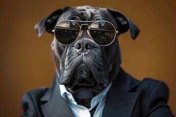 A black Cane Corso dog wearing sunglasses and a suit in a photo portrait