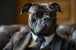 © YONG - A black Cane Corso dog wearing sunglasses and a suit in a photo portrait