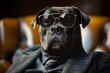 © YONG - A black Cane Corso dog wearing sunglasses and a suit in a photo portrait