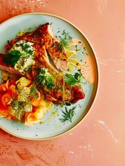 Wall Mural - a plate of food with vegetables and sauce.