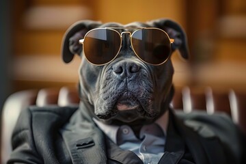 A black Cane Corso dog wearing sunglasses and a suit in a photo portrait