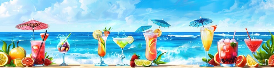 Poster - A line of colorful cocktails decorated with fruit and umbrellas sit on a beach, overlooking a blue ocean on a sunny day. Generative AI
