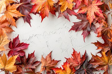 Red and orange autumn leaves on a white background, copy space for text, top view, flat lay