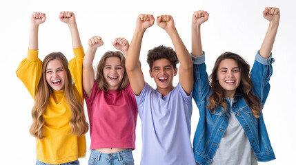 Group of four teenagers raising their arms in excitement, wearing colorful casual clothes, against a white background.