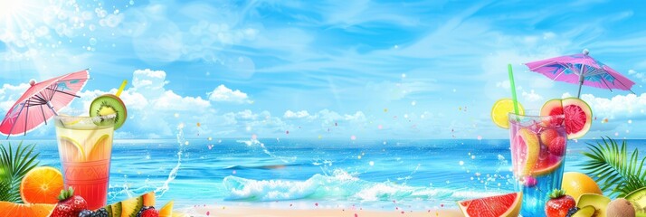 Aufkleber - Two refreshing cocktails with fruit garnishes and tiny umbrellas sit on a beach with an ocean backdrop. Generative AI
