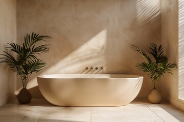 Bathroom interior with white bathtub and plants.