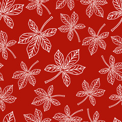 Seamless pattern chestnut leaves white outline - red square autumn vector background