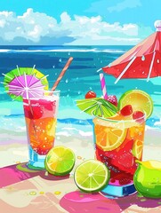 Aufkleber - Two colorful cocktails with fruit garnishes and umbrellas sit on a beach with an ocean and sky backdrop. Generative AI