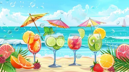 Aufkleber - Four colorful cocktails, garnished with fruit and umbrellas, are displayed on a sandy beach with an ocean backdrop. Generative AI