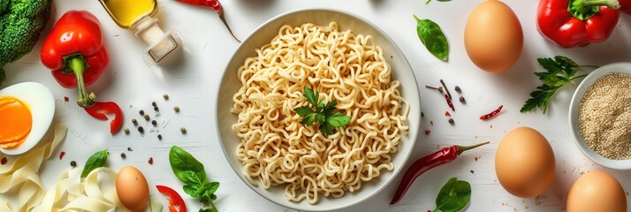 Poster - Instant noodles in a bowl surrounded by fresh ingredients like vegetables, herbs, eggs, and peppers on a white kitchen table. Generative AI