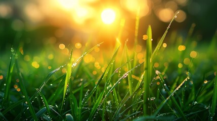 sun illuminates dewdrops on blades