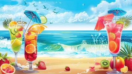 Aufkleber - Three colorful cocktails with fruit garnishes sit on a sandy beach with a bright blue ocean in the background. Generative AI