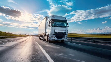 Poster - A white semi-truck drives on a paved highway with a clear blue sky and white clouds. The sun shines brightly, creating a warm glow. Generative AI