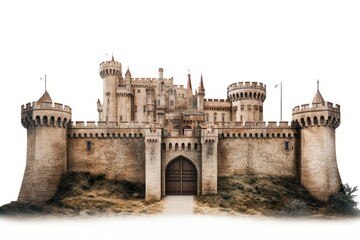 Wall Mural - Medieval castle architecture building white background.