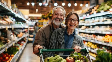 Poster - A happy couple in a supermarket, with their shopping cart full of groceries, smiling at the camera.
