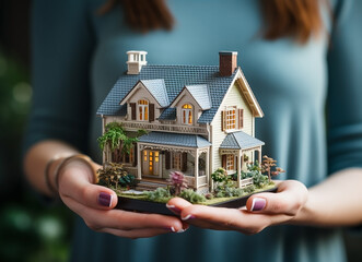 Female woman hands holding small miniature toy house. Property insurance dream moving home concept