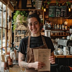 Poster - A coffee bar owner holding a menu and smiling at the camera in their cafe. 