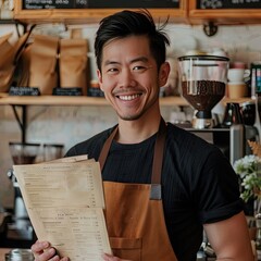 Poster - A coffee bar owner holding a menu and smiling at the camera in their cafe. 