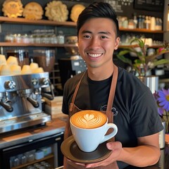 Poster - A coffee bar owner showing off a beautifully crafted latte art in their cafe. 