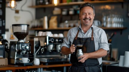 Poster - A coffee bar owner smiling while holding a portafilter in their cafe. 