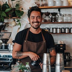 Poster - A coffee bar owner smiling while holding a portafilter in their cafe. 