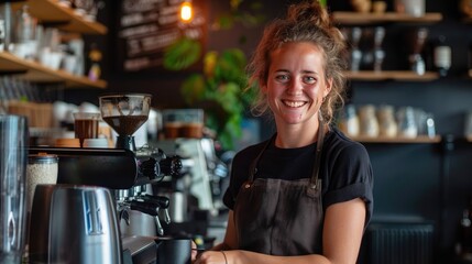 Poster - A coffee bar owner smiling while holding a portafilter in their cafe. 