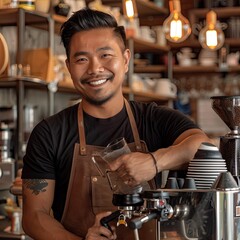 Poster - A coffee bar owner smiling while holding a portafilter in their 