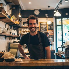 Poster - A coffee bar owner standing proudly behind the counter, smiling at the camera.