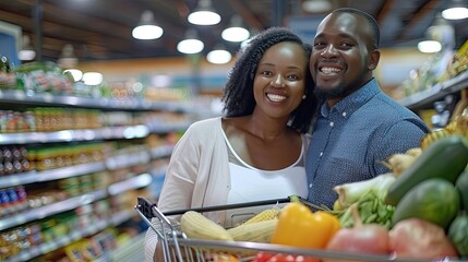 Poster - A couple beaming with happiness in a supermarket, standing beside their shopping cart loaded with groceries and looking at the camera.