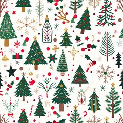 Wall Mural - Seamless illustration of Christmas trees and other Christmas decorations useful on its own or as a tile to create a background