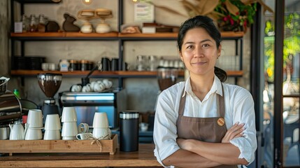 Poster - A coffee bar owner with their arms crossed, standing confidently in front of their cafe.