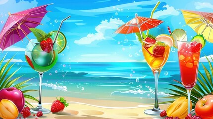 Poster - Three colorful cocktails garnished with fruit and small umbrellas sit on a sandy beach with an ocean view. Generative AI