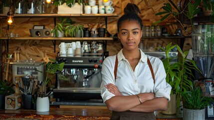 Poster - A coffee bar owner with their arms crossed, standing confidently in front of their cafe