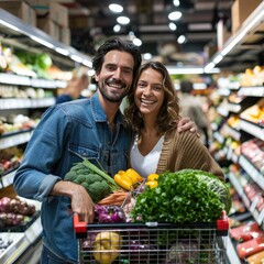 Poster - A couple in a supermarket, pushing a shopping cart full of groceries and smiling happily at the camera. 