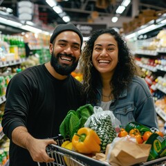 Poster - A couple laughing and smiling at the camera, standing by their shopping cart packed with groceries in a supermarket. 