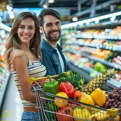 Poster - A couple in a supermarket, pushing a shopping cart full of groceries and smiling happily at the camera. 