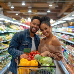 Poster - A couple with beaming smiles, posing next to their grocery-filled shopping cart in a supermarket and looking at the camera.