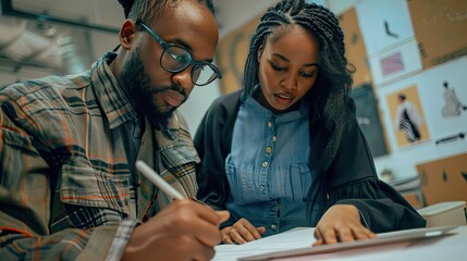 Poster - A designer sketching fashion designs on a tablet while a black woman provides feedback. 