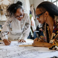 Poster - A designer sketching fashion illustrations while a black woman looks on with interest. 