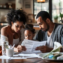 Poster - A family looking at health insurance paperwork together at a kitchen table.