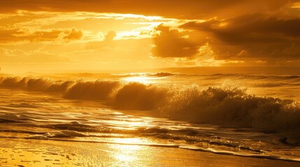Aufkleber - A golden sunrise on the beach, with the waves catching the light and creating a shimmering effect. 
