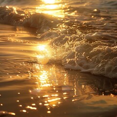 Aufkleber - A golden sunrise on the beach, with the waves catching the light and creating a shimmering effect. 