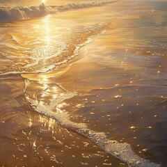 A golden sunrise on the beach, with the waves catching the light and creating a shimmering effect. 