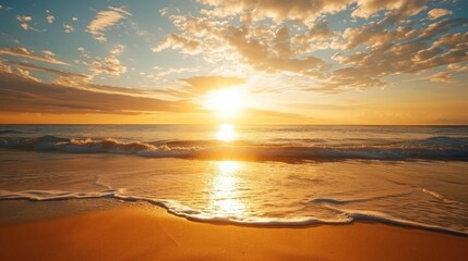 Aufkleber - A golden sunrise over a quiet beach, with the sun rising above the horizon and reflecting on the water. 