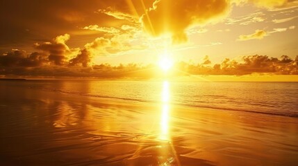 Aufkleber - A golden sunrise over a quiet beach, with the sun rising above the horizon and reflecting on the water. 
