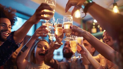 Poster - A group of people raising glasses in a toast at a networking event. 